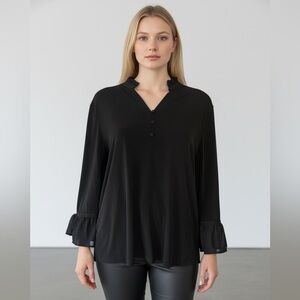 Karl Lagerfeld Paris Black Ruffled Blouse Large Knit Fabric no Wrinkles